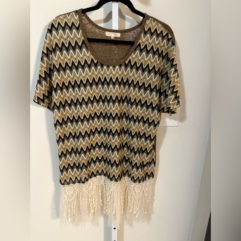 Ryu Zigzag Fringe Short Sleeve Top - Black, Cream, Brown
